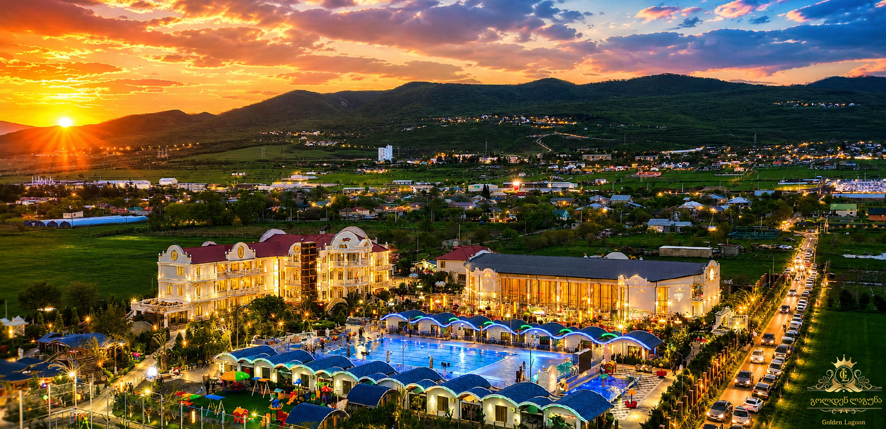 Golden Lagoon resort at sunset